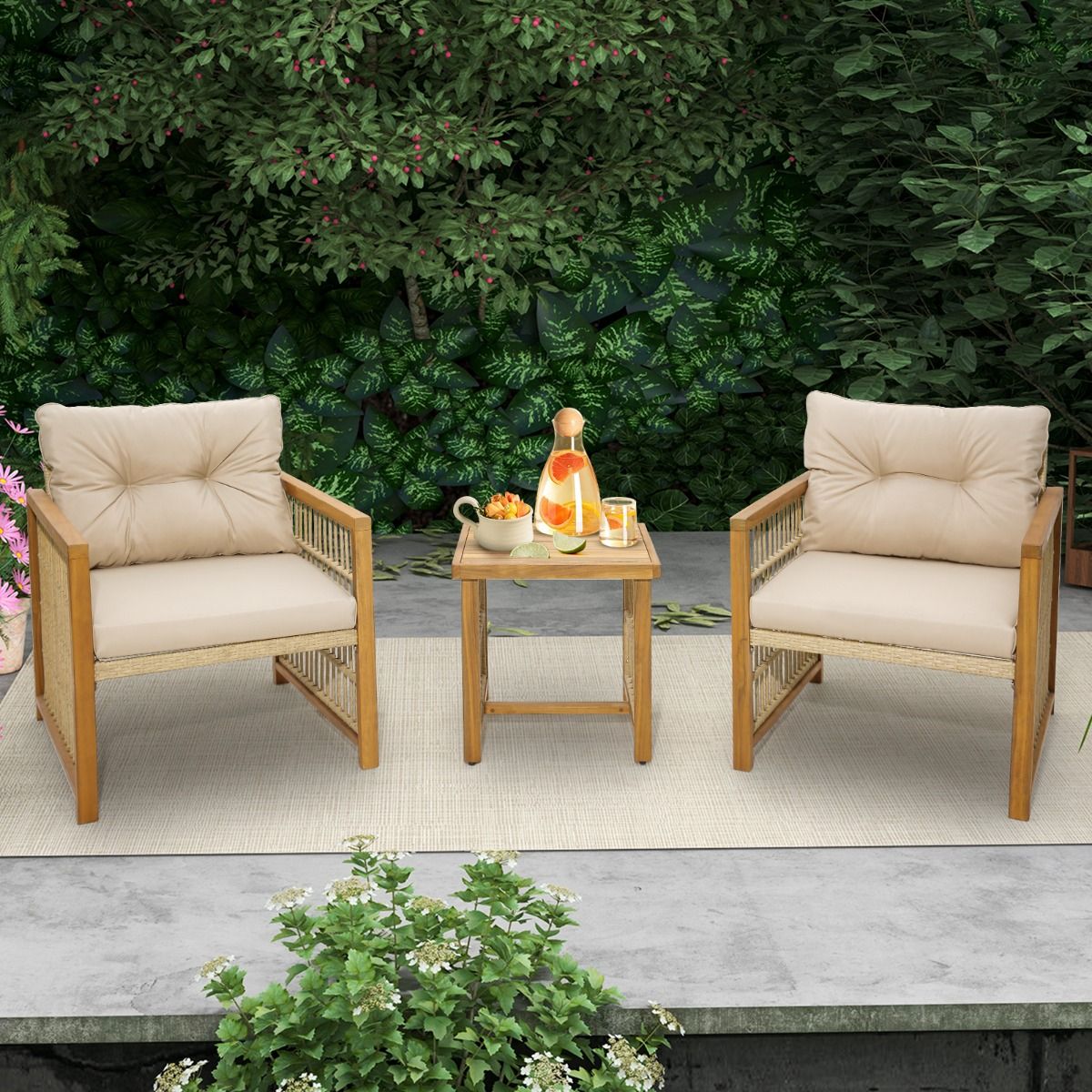 Garden Furniture with 1 Table and 2 Armchairs in Acacia Wood and Anti-UV Rattan Adjustable Feet Cushions with Zip Nautel -