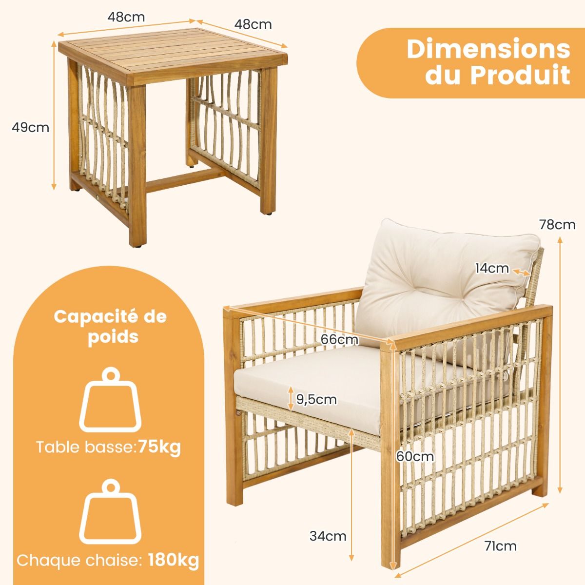 Garden Furniture with 1 Table and 2 Armchairs in Acacia Wood and Anti-UV Rattan Adjustable Feet Cushions with Zip Nautel -
