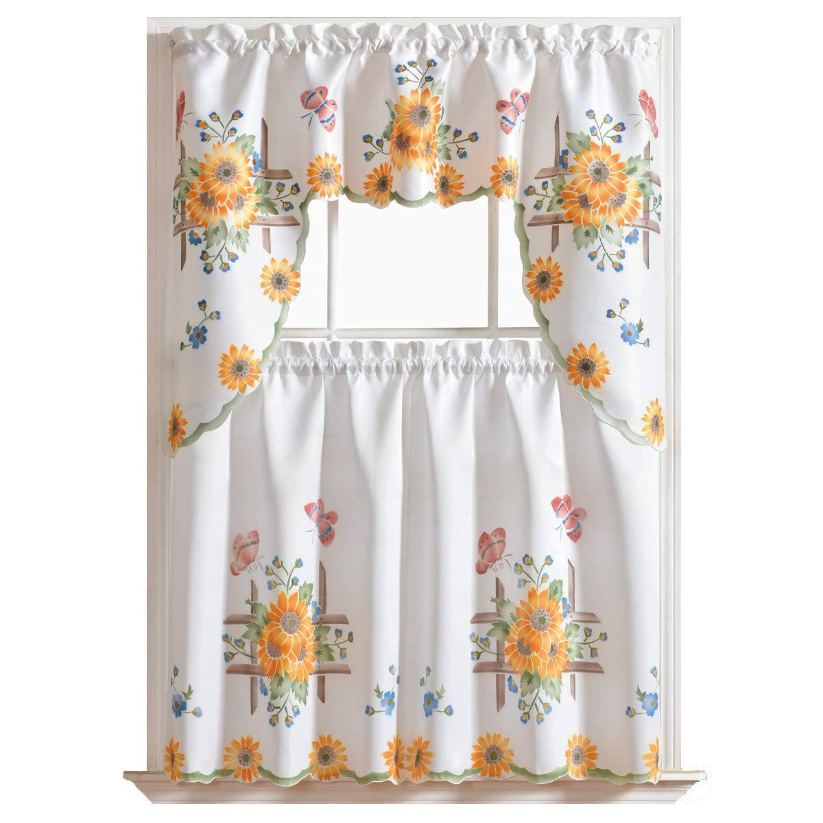 GOHD Golden Ocean Home Decor 3pcs Kitchen Cafe Curtain Set Air Brushed by Hand of Sunflower and Butterfly - Product image 1