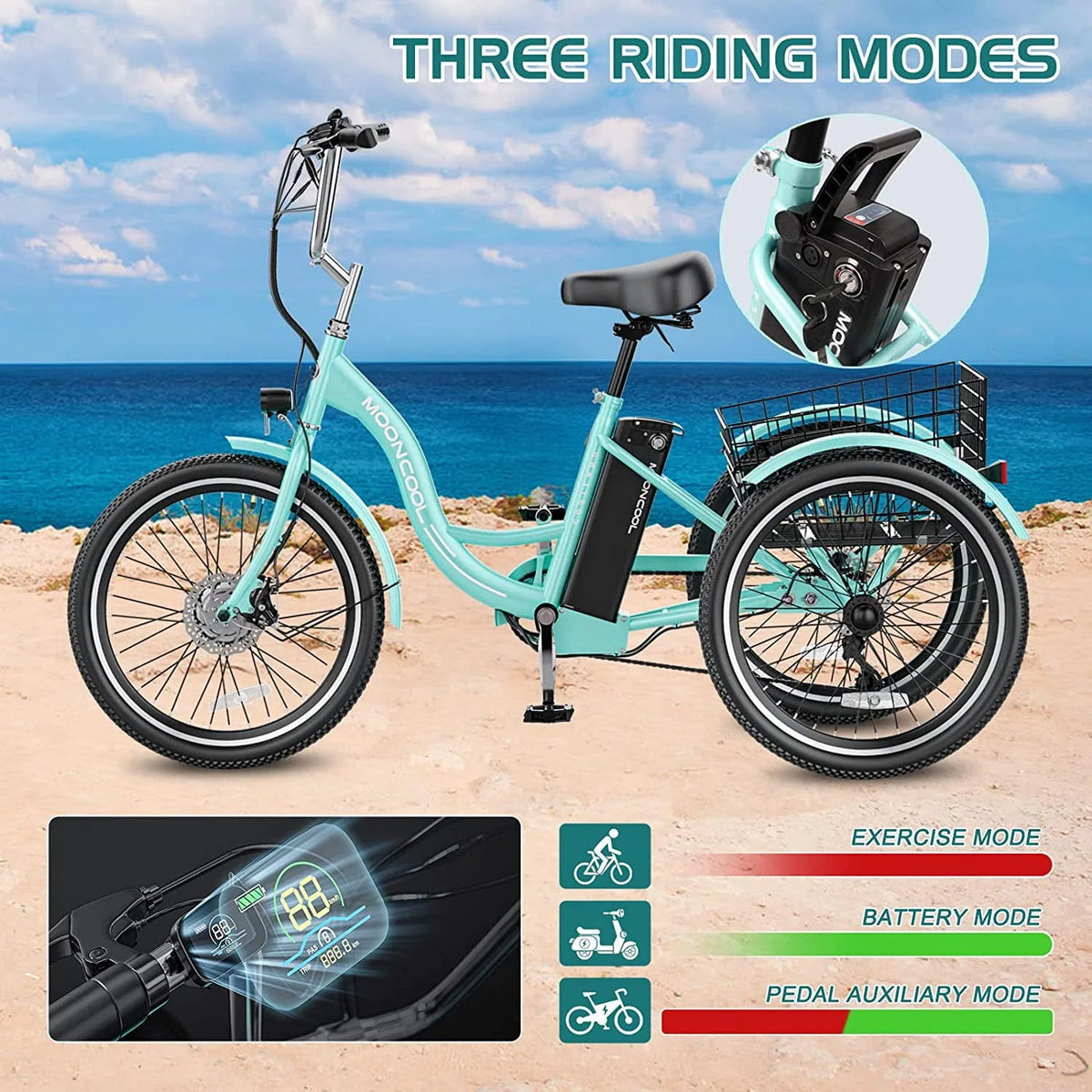 MOONCOOL Electric Tricycle, 350W 36V 24 in 7 Speeds 3 Wheels Electric Bikes for Adults - Product image 10