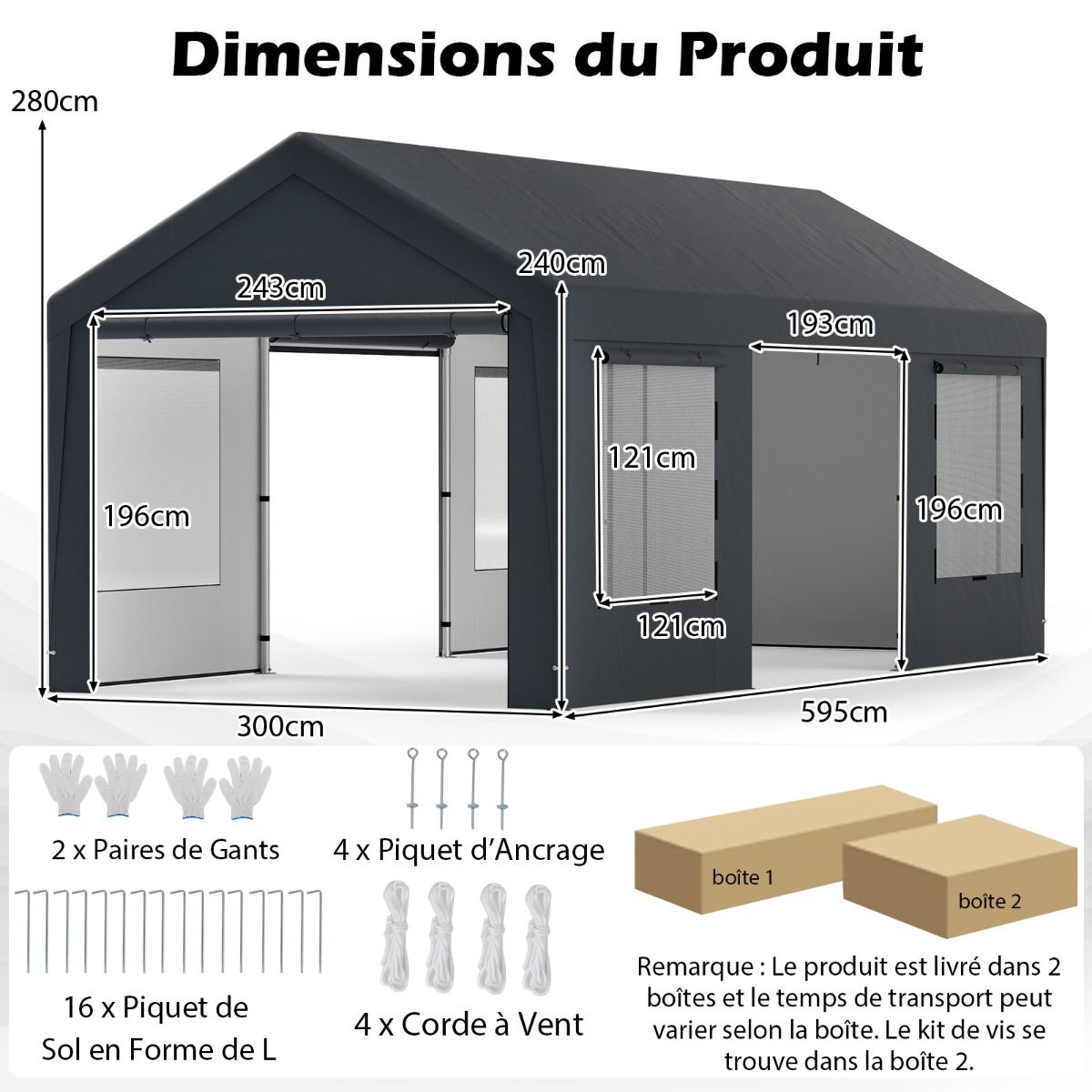 Carport 595 x 300 cm Outdoor Garage Tent with 8 Removable Side Walls Roll Up Doors Ventilated Windows Gray -