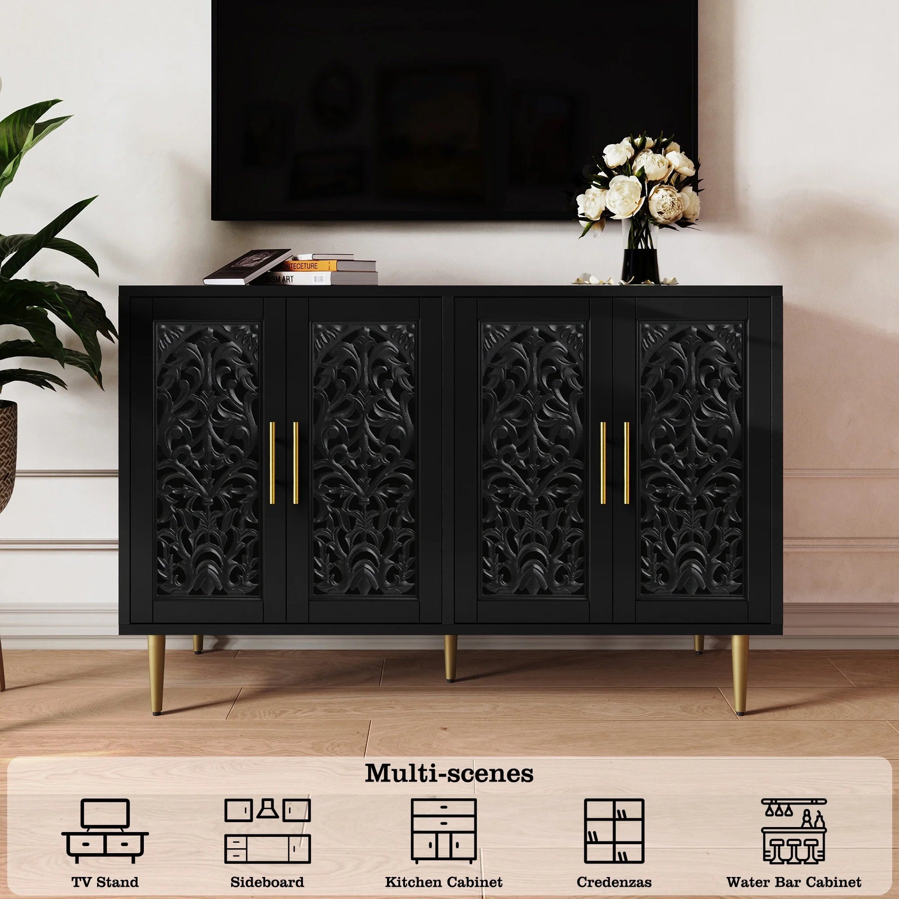 HLR 48" Accent Cabinet with 4 Doors, Vintage Hollow Carving Storage Credenza - Product image 76