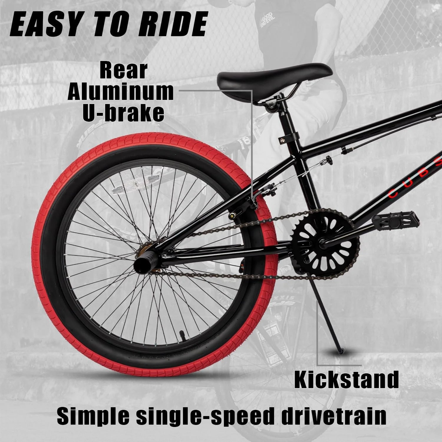Cubsala 20 in Kids BMX Bike Freestylefor Age 6 - 14 Years Old Boys Girls with 4 Pegs, Black with Red Tires - Product image 12