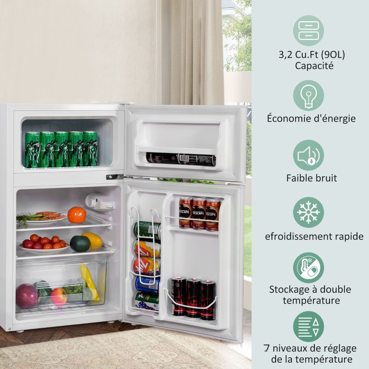 Compact Fridge Mini Fridge 90 L Separate Freezer with 2 Door Design Wide Angle LED Light White -