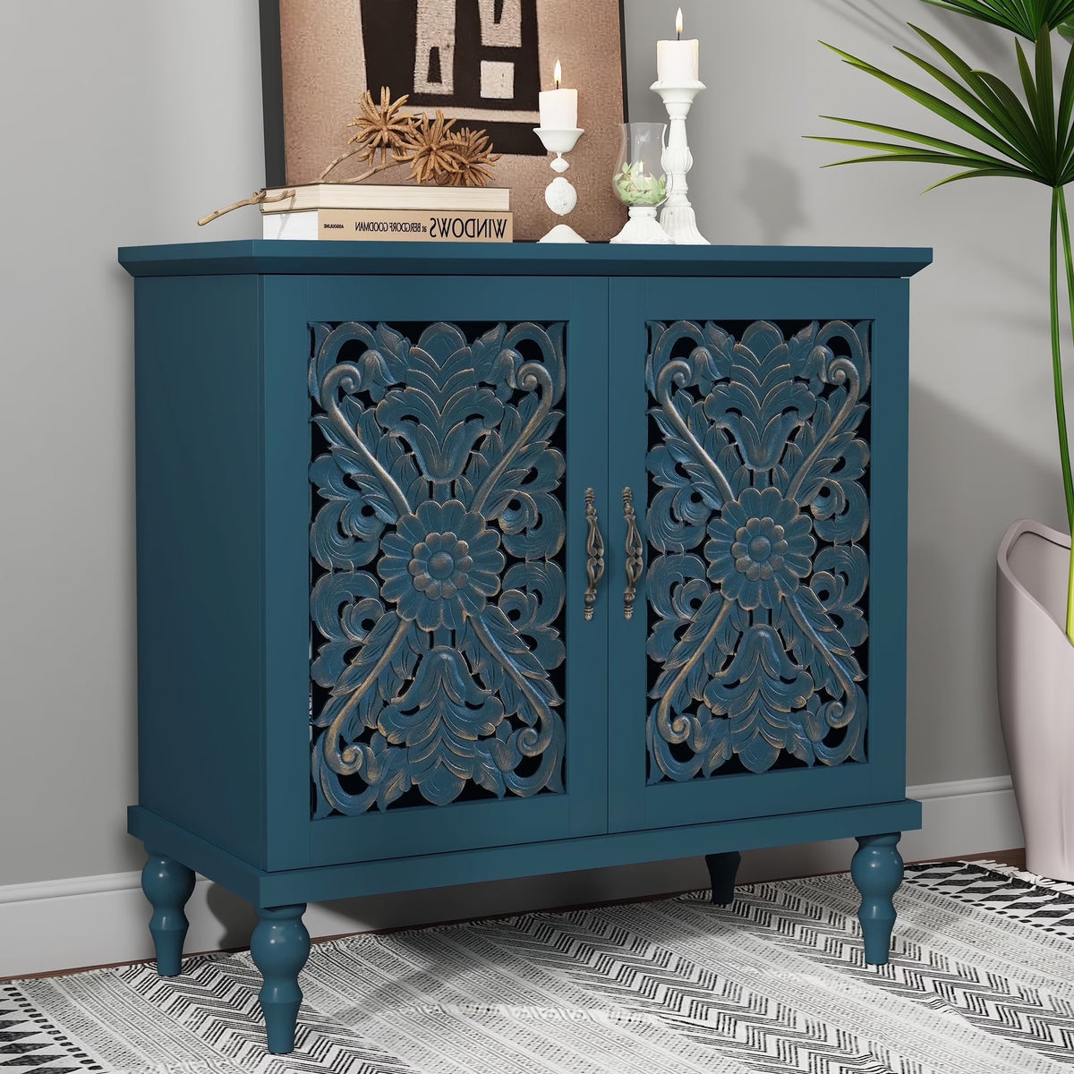 HLR 48" Accent Cabinet with 4 Doors, Vintage Hollow Carving Storage Credenza - Product image 5