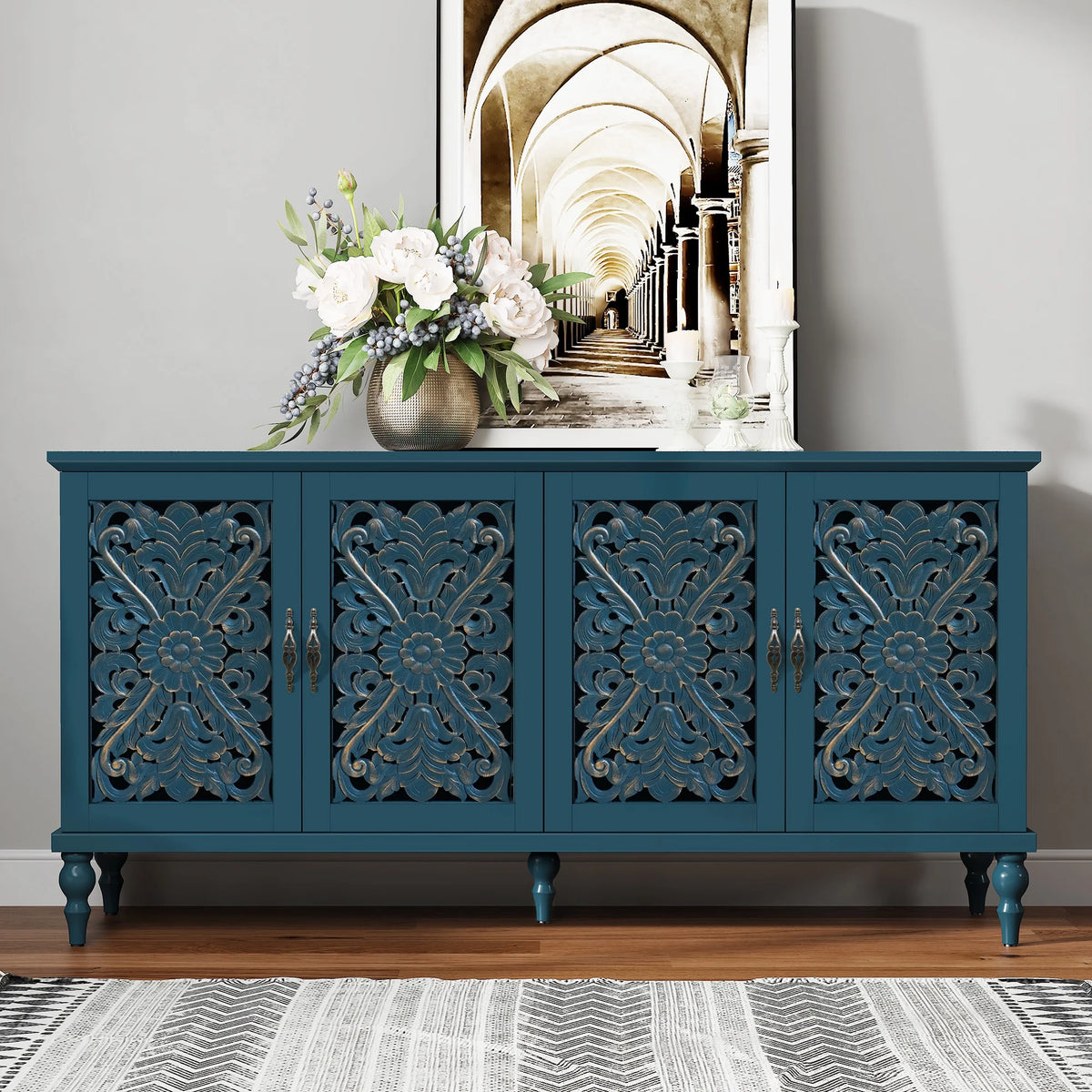 HLR 48" Accent Cabinet with 4 Doors, Vintage Hollow Carving Storage Credenza - Product image 91