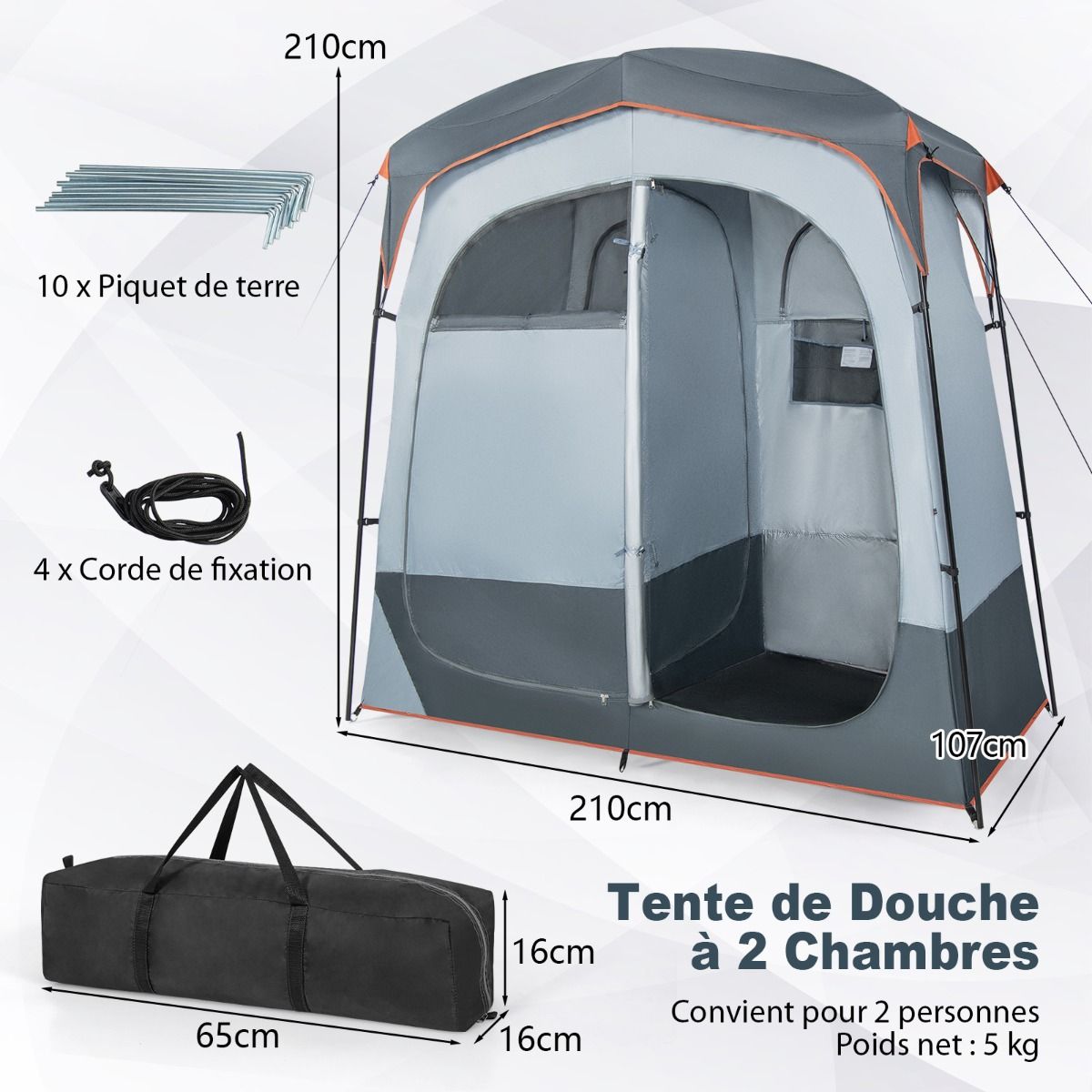 Portable 2-Person Shower Cabin Tent in 2 Parts with Removable Rain Tarpaulin Clothesline Hook 210x107x210 cm Gray -