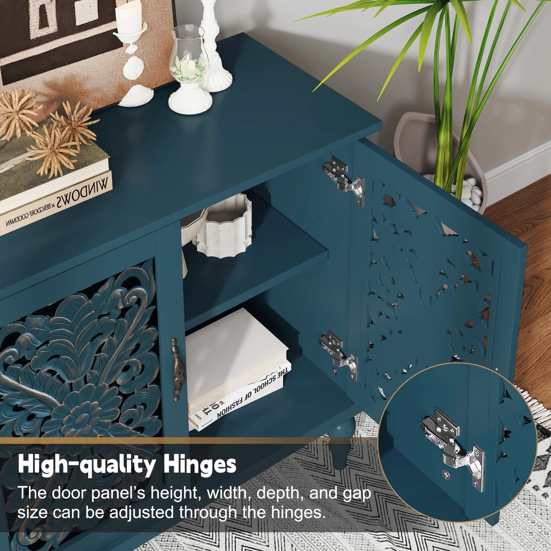 HLR 48" Accent Cabinet with 4 Doors, Vintage Hollow Carving Storage Credenza - Product image 40