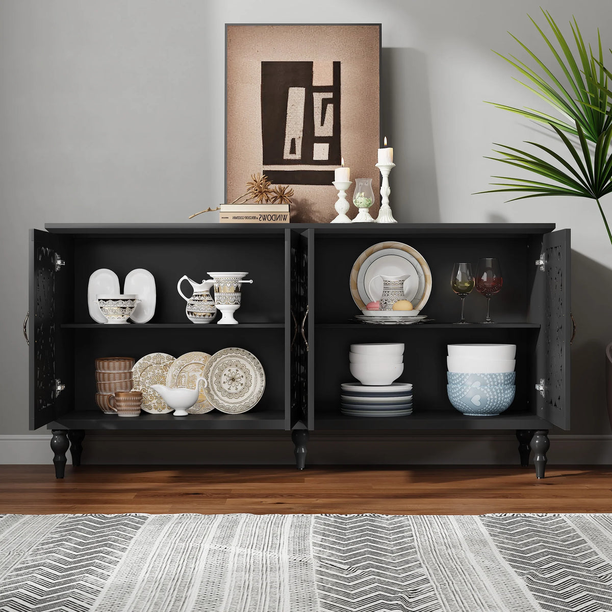 HLR 48" Accent Cabinet with 4 Doors, Vintage Hollow Carving Storage Credenza - Product image 45
