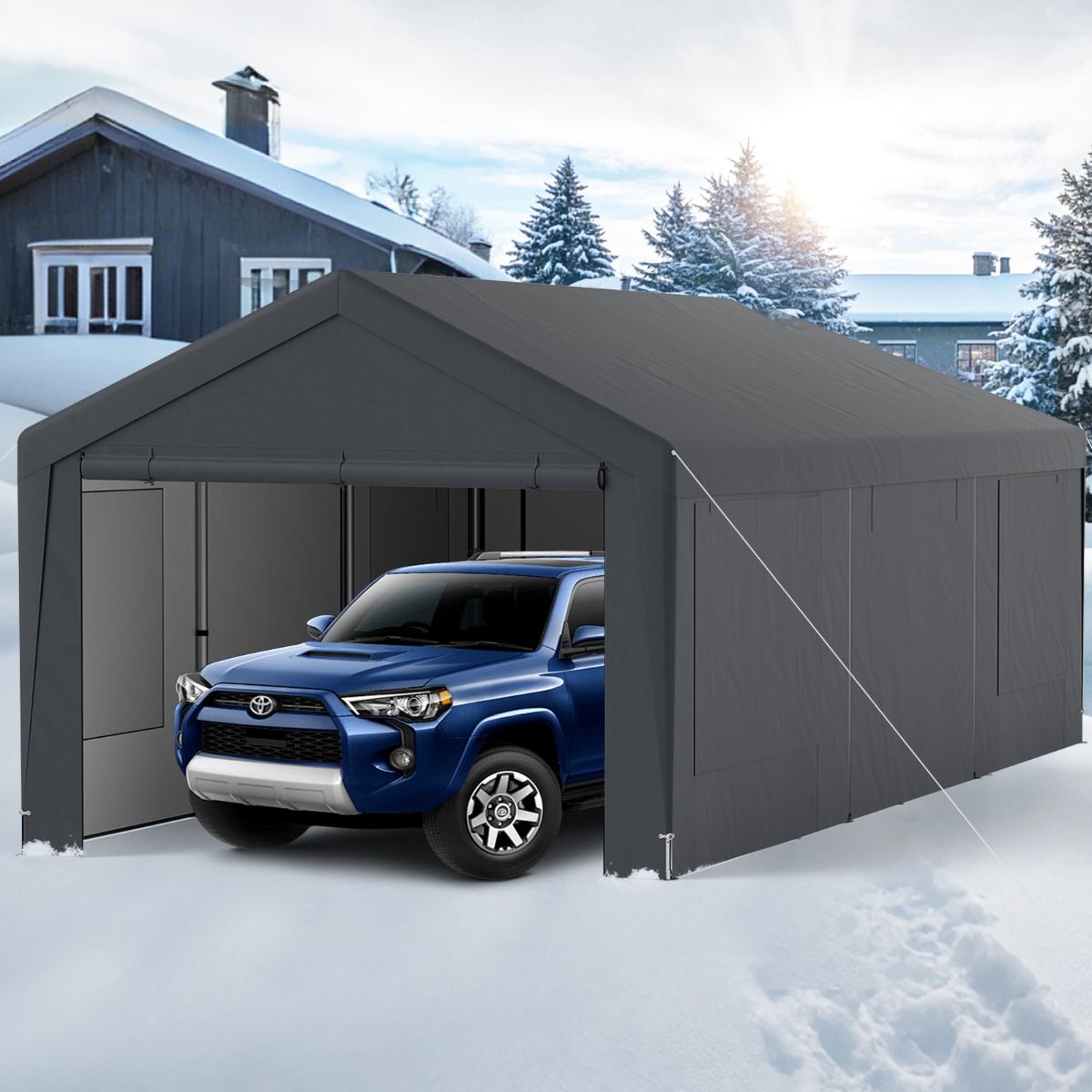 Carport 595 x 300 cm Outdoor Garage Tent with 8 Removable Side Walls Roll Up Doors Ventilated Windows Gray -