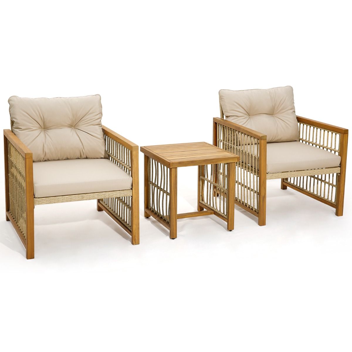 Garden Furniture with 1 Table and 2 Armchairs in Acacia Wood and Anti-UV Rattan Adjustable Feet Cushions with Zip Nautel -