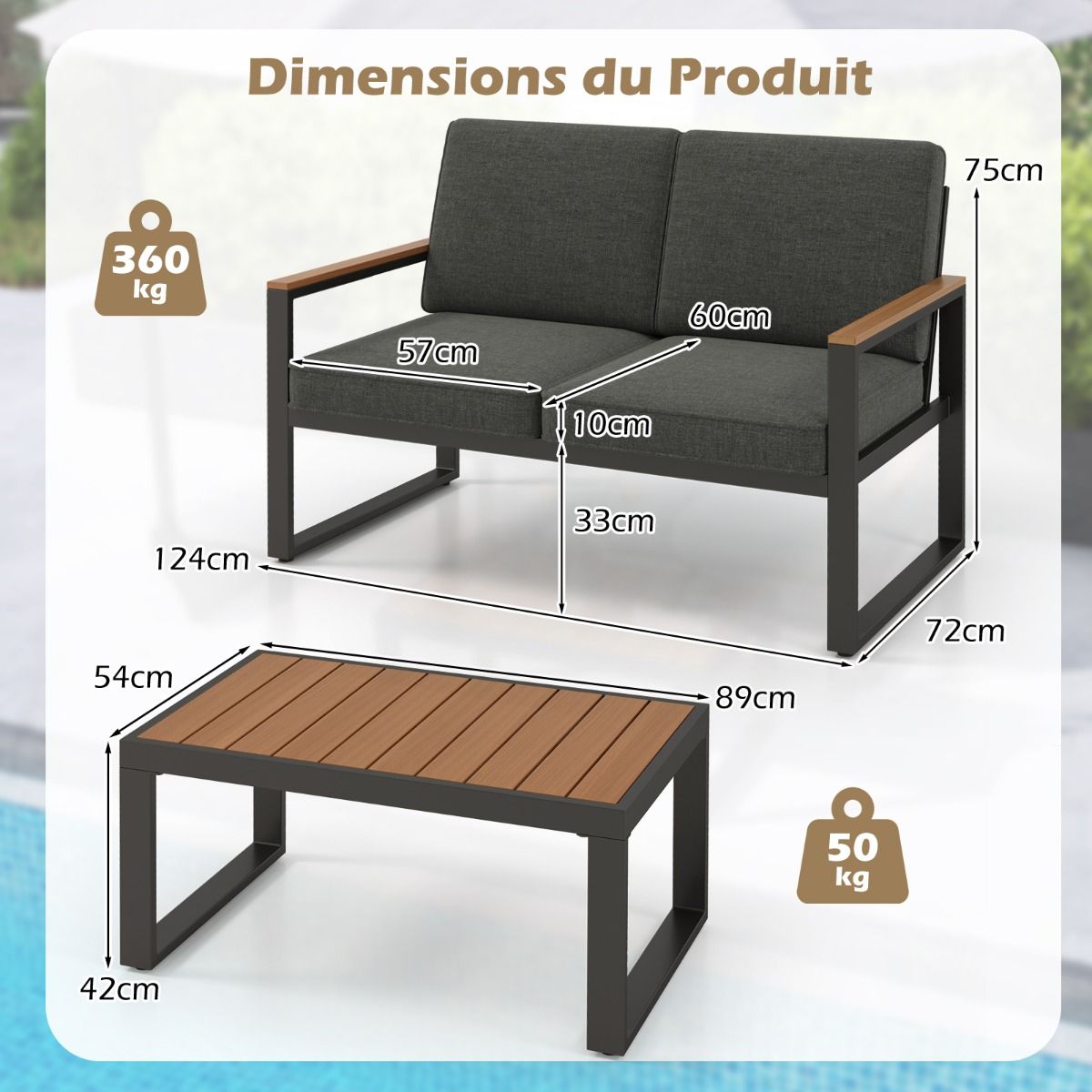 2 Piece Garden Furniture Set with Loveseat Coffee Table Aluminum Outdoor Furniture Set with Gray Armrests -