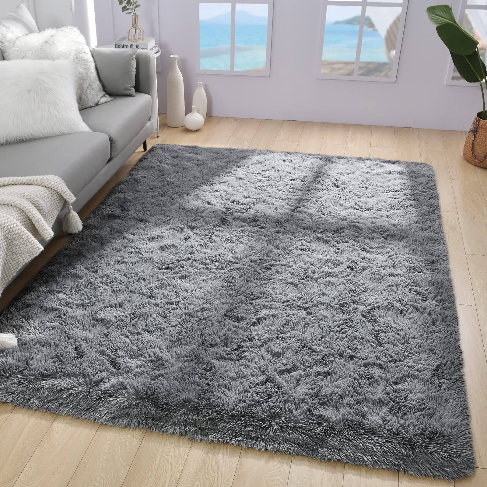Iplusmall Soft Grey Rug for Living Room, Washable 4'x6' Fluffy Shag Area Rug for Bedroom Office Nursery - Product image 1