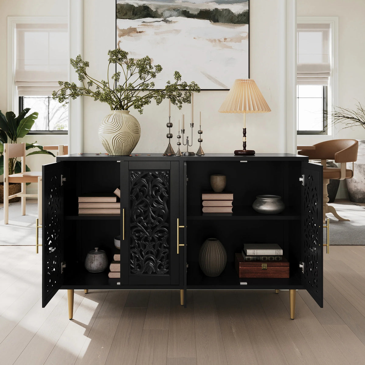 HLR 48" Accent Cabinet with 4 Doors, Vintage Hollow Carving Storage Credenza - Product image 73