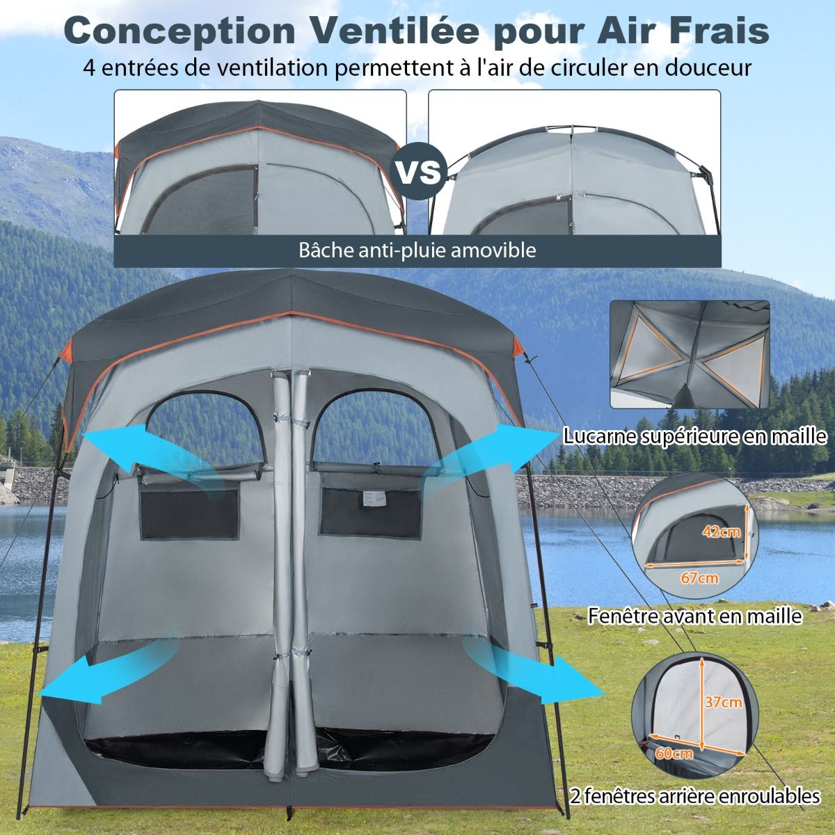 Portable 2-Person Shower Cabin Tent in 2 Parts with Removable Rain Tarpaulin Clothesline Hook 210x107x210 cm Gray -