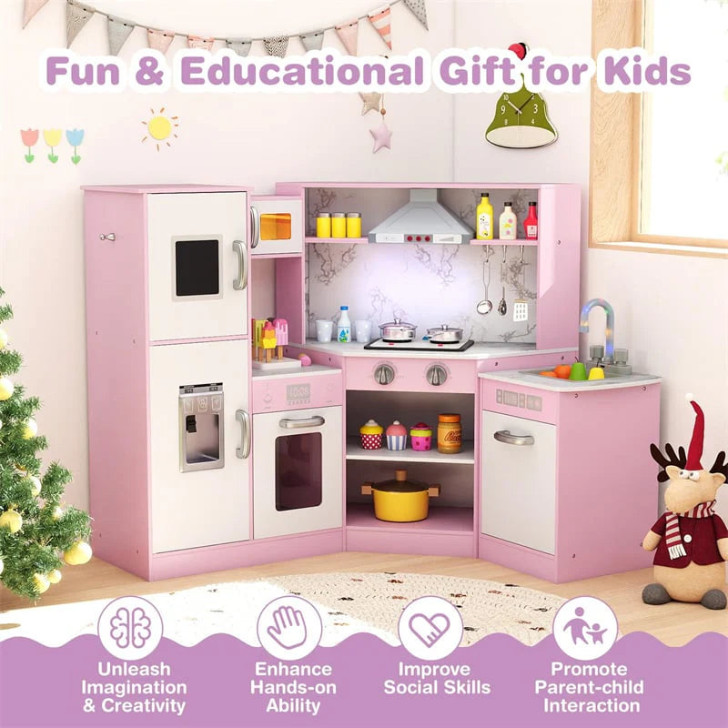 Corner Wooden Kids Kitchen Playset, Little Chef Pretend Toy Kitchen Set w/ Microwave, Range Hood - Product image 28