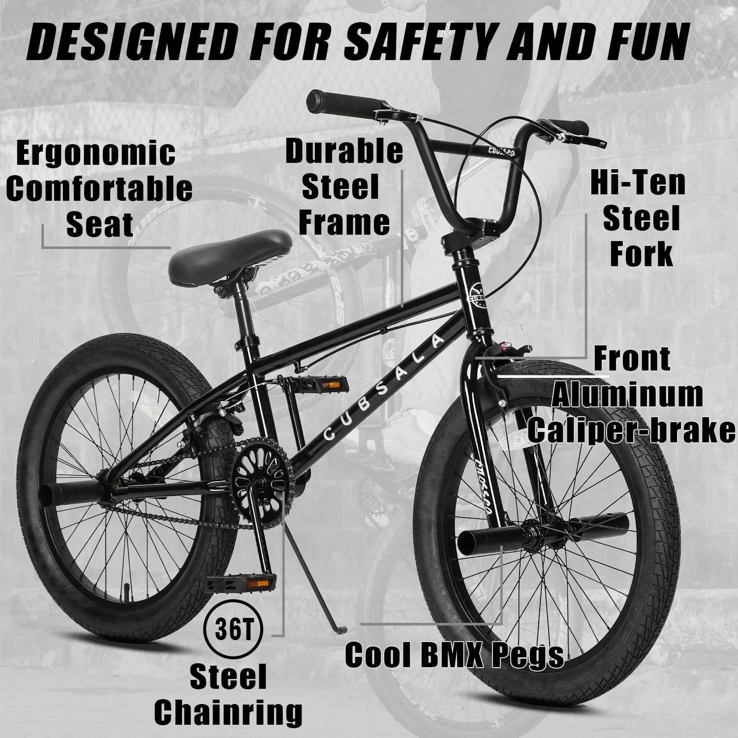 Cubsala 20 in Kids BMX Bike Freestylefor Age 6 - 14 Years Old Boys Girls with 4 Pegs, Black with Red Tires - Product image 44