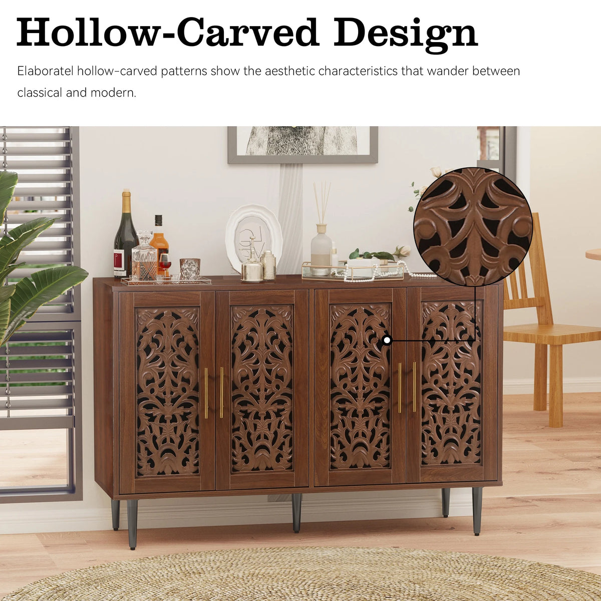 HLR 48" Accent Cabinet with 4 Doors, Vintage Hollow Carving Storage Credenza - Product image 118