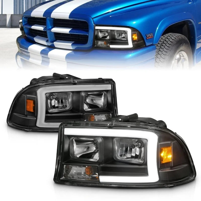 ANZO 97-04 Dodge Dakota/Durango Crystal headlight Set w/ Light Bar Black Housing