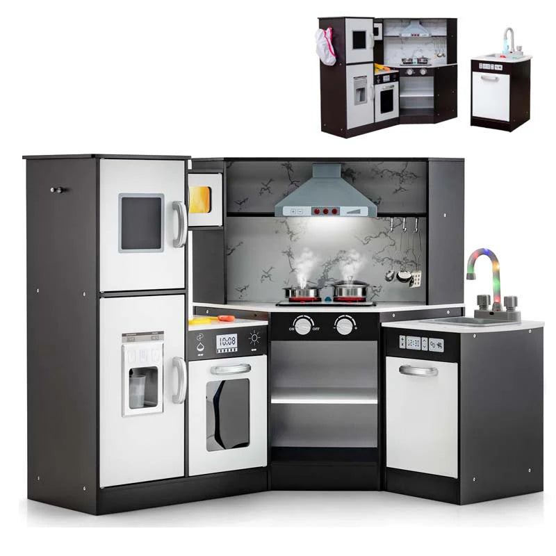 Corner Wooden Kids Kitchen Playset, Little Chef Pretend Toy Kitchen Set w/ Microwave, Range Hood - Product image 1