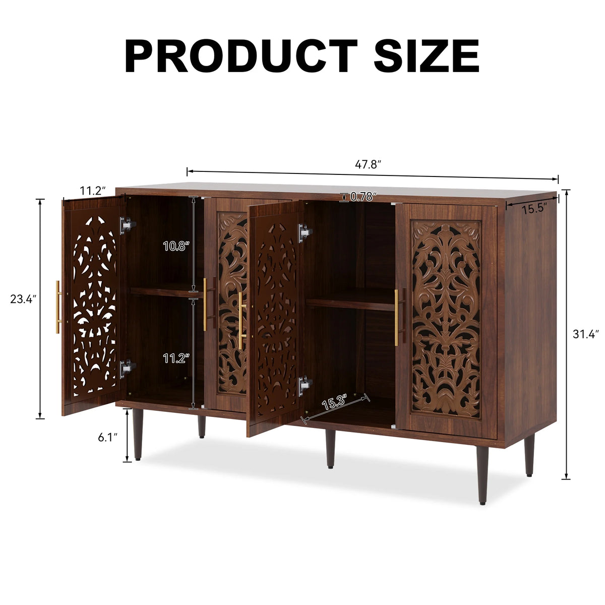 HLR 48" Accent Cabinet with 4 Doors, Vintage Hollow Carving Storage Credenza - Product image 114