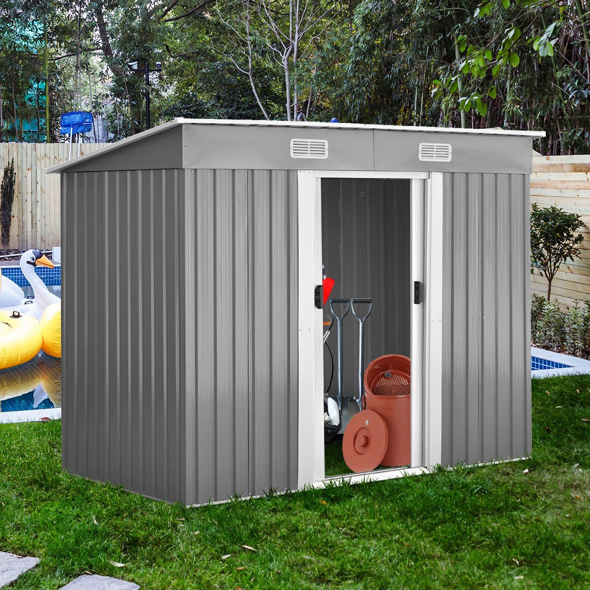 Outdoor Garden Shed in Galvanized Steel with 2 Doors, 4 Air Vents for Storing Tools 238 x 131 x 181CM Grey+White -