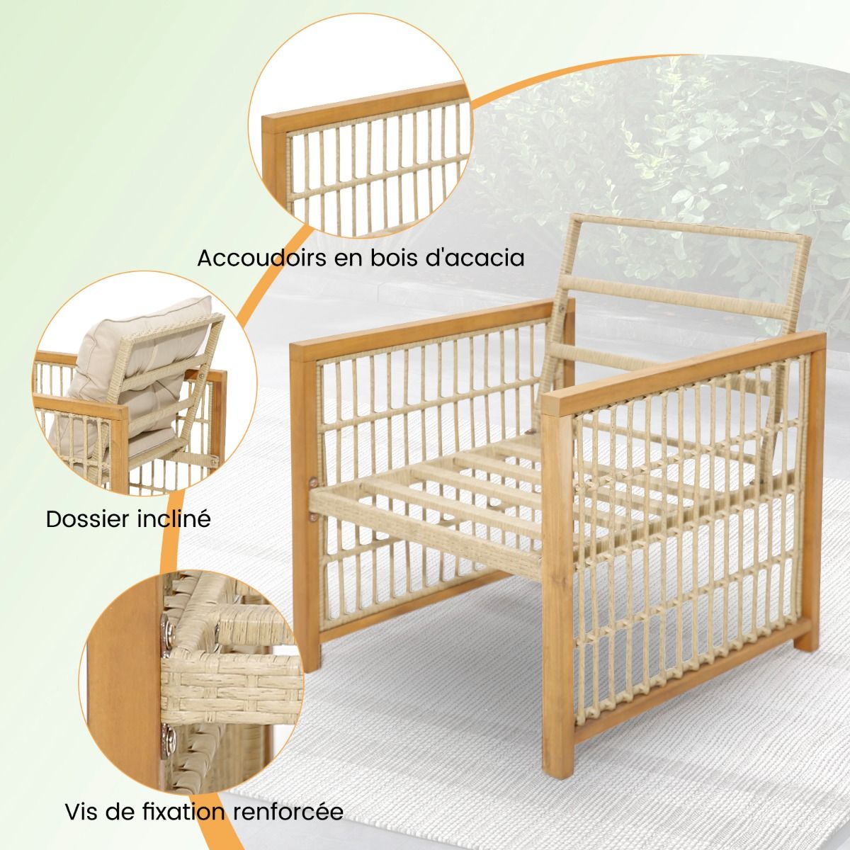 Garden Furniture with 1 Table and 2 Armchairs in Acacia Wood and Anti-UV Rattan Adjustable Feet Cushions with Zip Nautel -