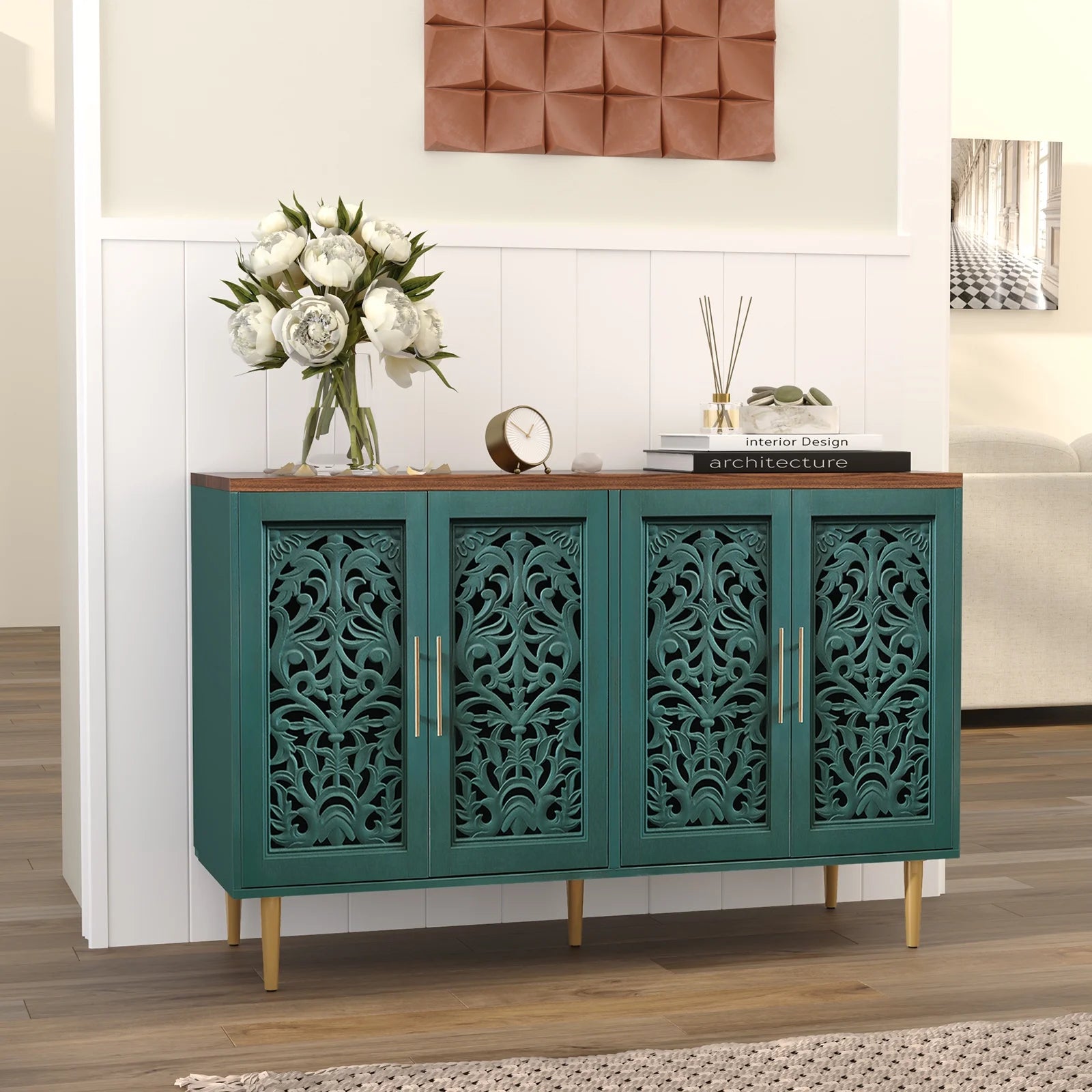 HLR 48" Accent Cabinet with 4 Doors, Vintage Hollow Carving Storage Credenza - Product image 57