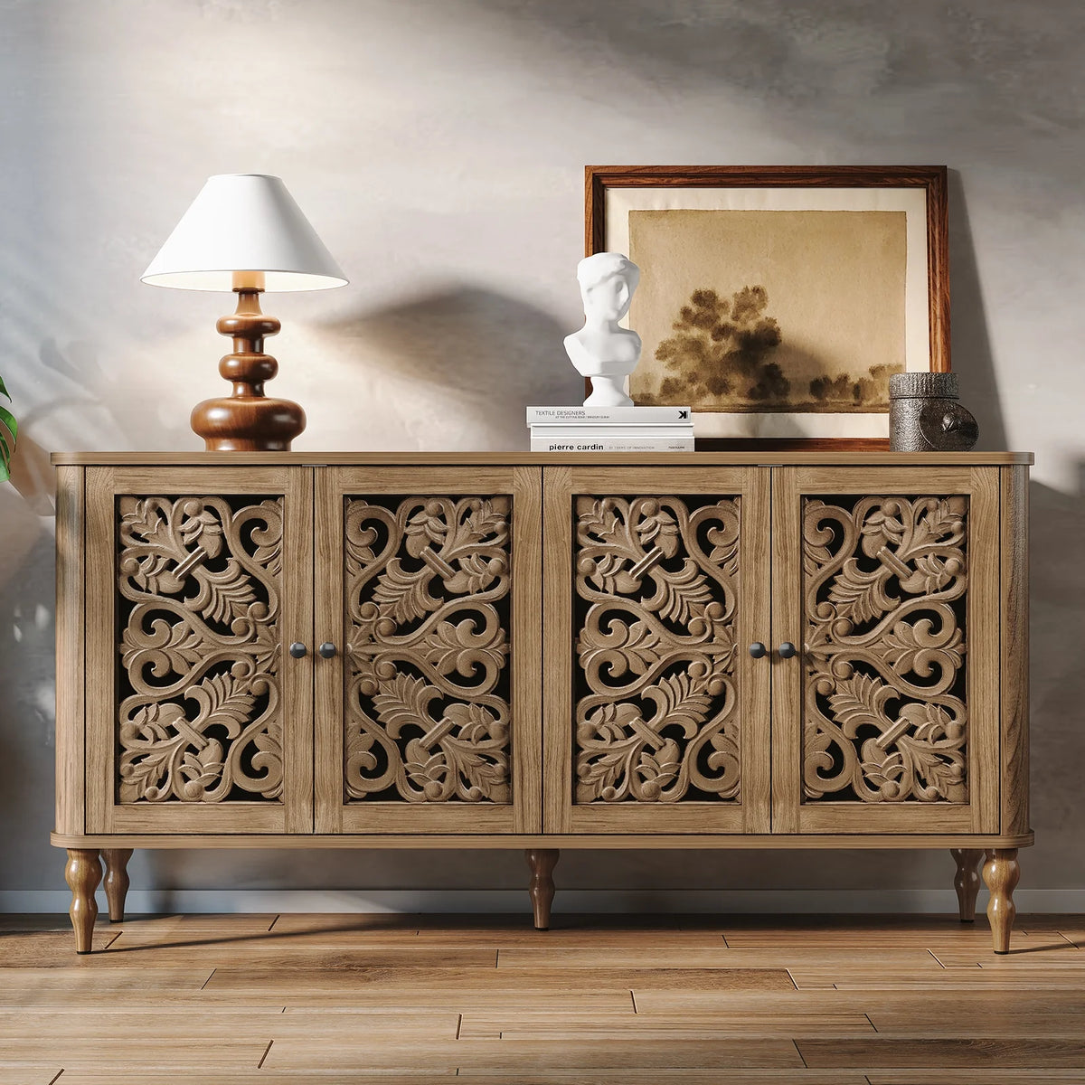 HLR 48" Accent Cabinet with 4 Doors, Vintage Hollow Carving Storage Credenza - Product image 111