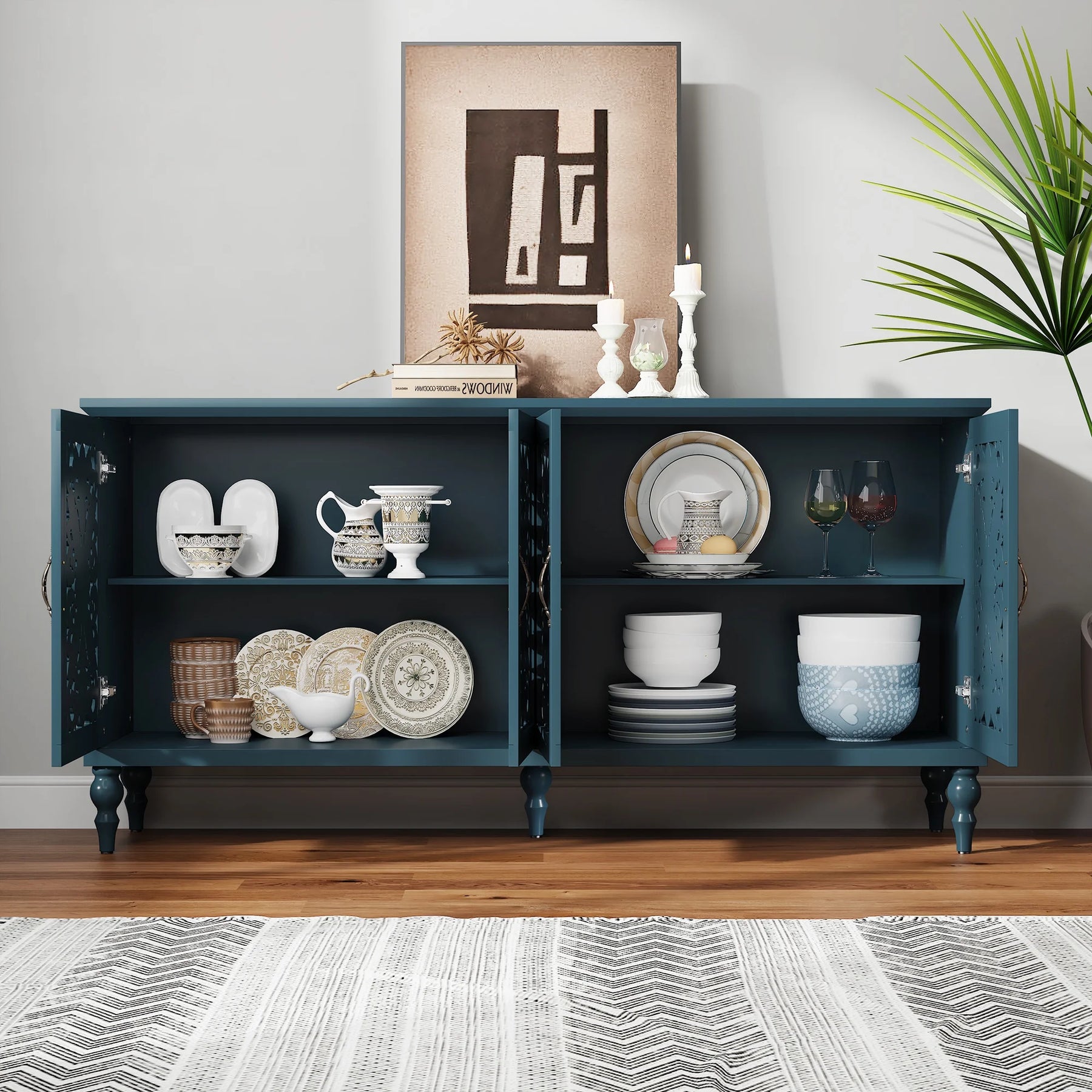 HLR 48" Accent Cabinet with 4 Doors, Vintage Hollow Carving Storage Credenza - Product image 88