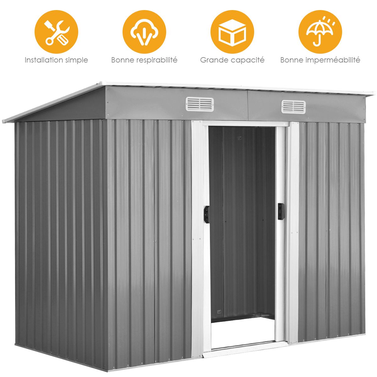 Outdoor Garden Shed in Galvanized Steel with 2 Doors, 4 Air Vents for Storing Tools 238 x 131 x 181CM Grey+White -