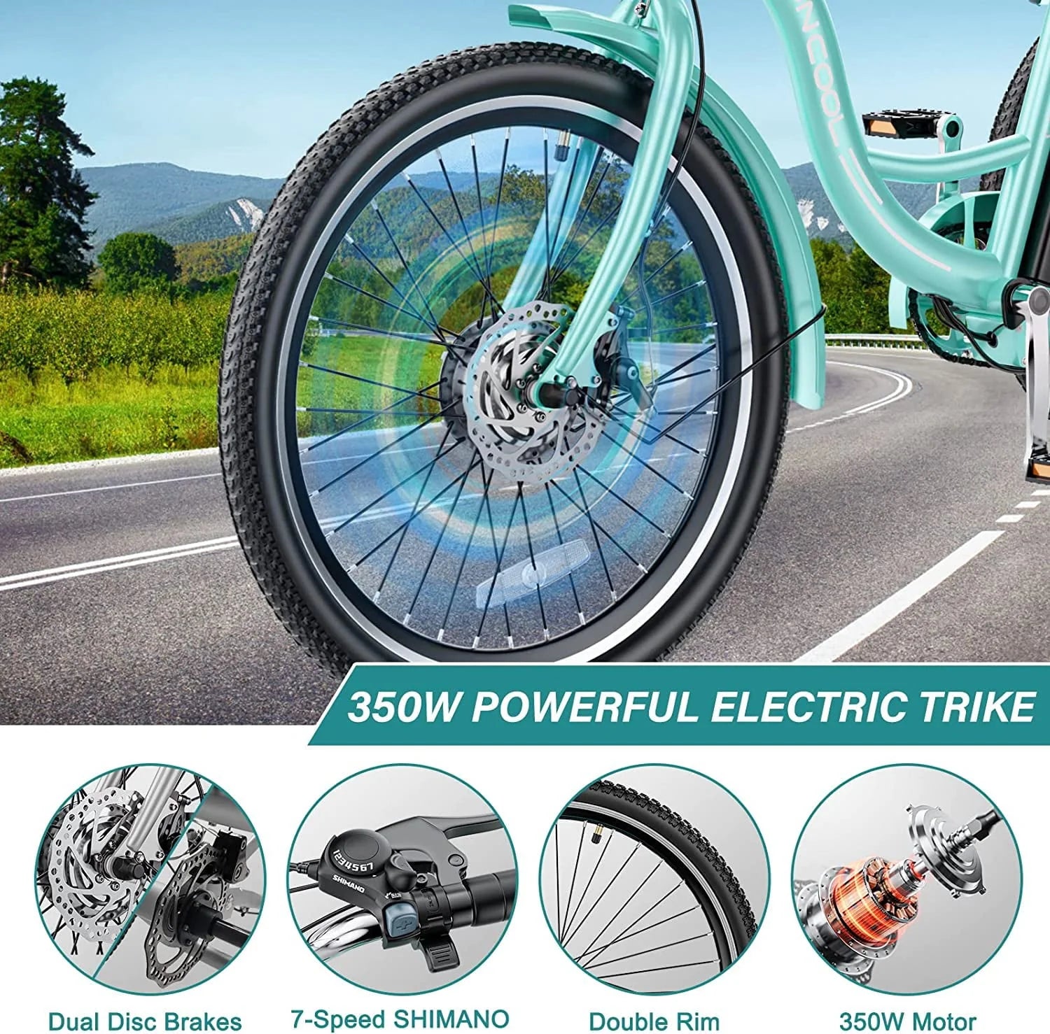 MOONCOOL Electric Tricycle, 350W 36V 24 in 7 Speeds 3 Wheels Electric Bikes for Adults - Product image 3