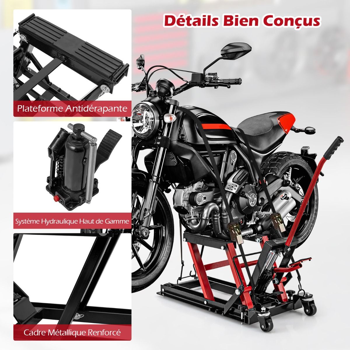 Hydraulic Jack for Motorcycle 680 kg Capacity Motorcycle Lift Table Height Adjustable Platform on 3 Levels Red/Black -
