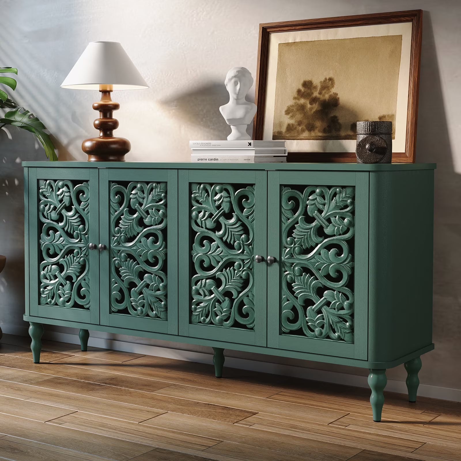 HLR 48" Accent Cabinet with 4 Doors, Vintage Hollow Carving Storage Credenza - Product image 14