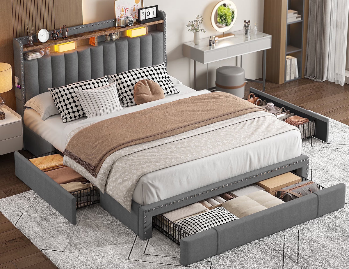Enhomee Queen Bed Frame with 3 Storage Drawers Upholstered Queen Size Bed Frame with Headboard Noise Free - Product image 3