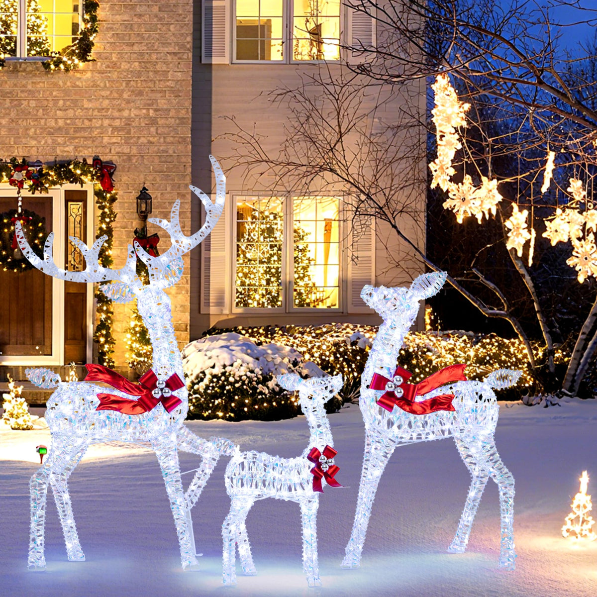 Tangkula 3-Piece Christmas Lighted Iridescent Reindeer Family Set with 215 Cold White LED Lights and Ground - Product image 2