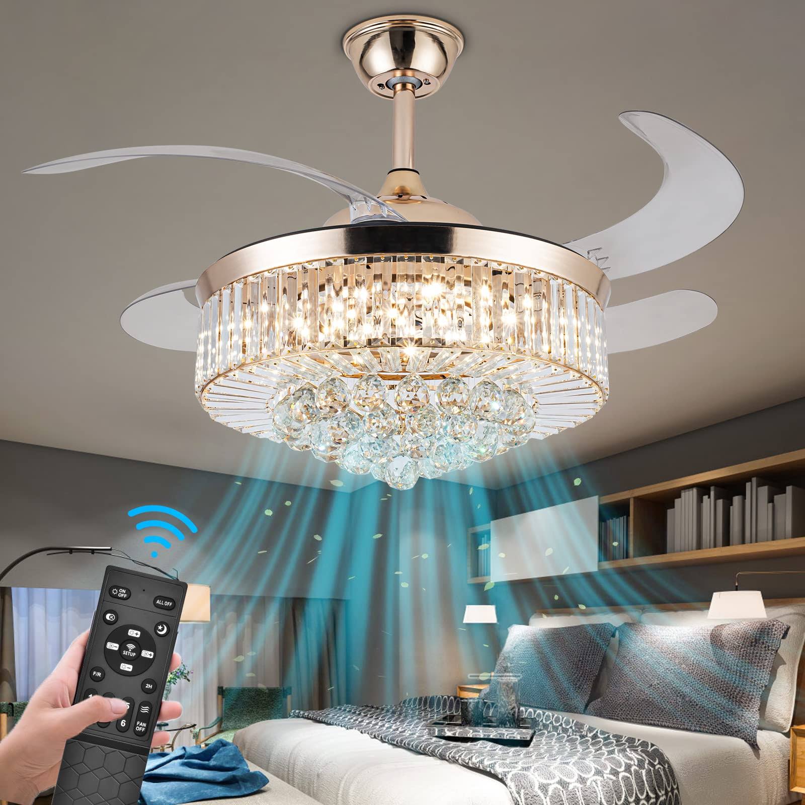 Crystal Ceiling Fan with Light, 42 inch LED 3 Color Remote Control Retractable Invisible Blades 3 Speeds - Product image 1