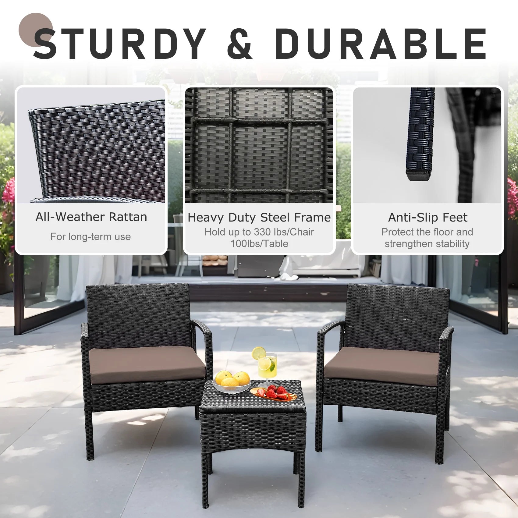 Tappio Outdoor Furniture 3 Piece Patio Bistro Furniture Set, Rattan Conversation Chairs Set with Side - Product image 15