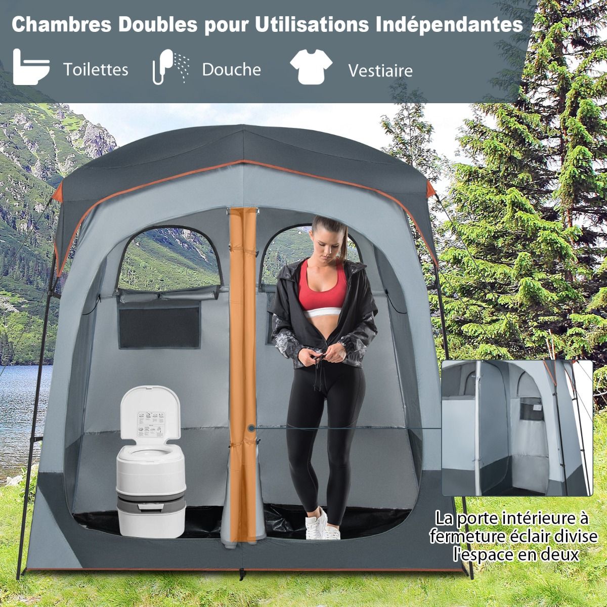 Portable 2-Person Shower Cabin Tent in 2 Parts with Removable Rain Tarpaulin Clothesline Hook 210x107x210 cm Gray -