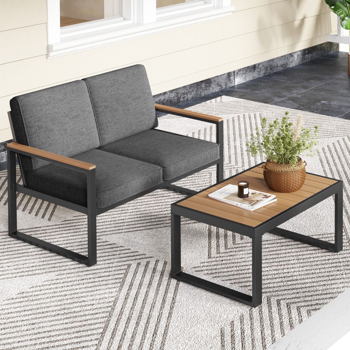2 Piece Garden Furniture Set with Loveseat Coffee Table Aluminum Outdoor Furniture Set with Gray Armrests -