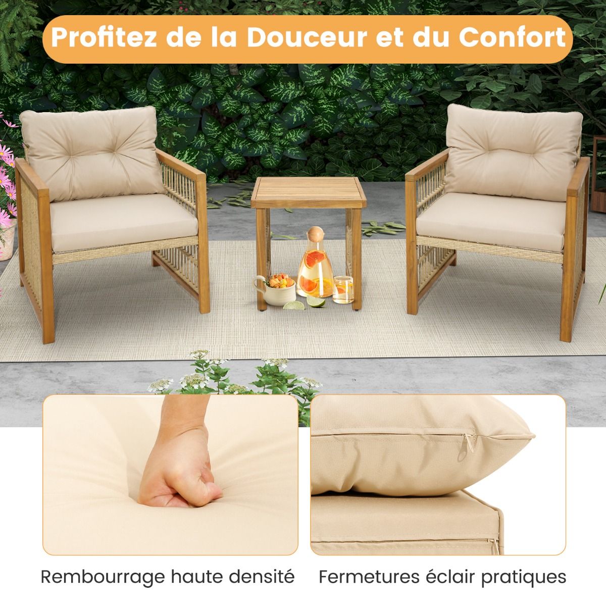Garden Furniture with 1 Table and 2 Armchairs in Acacia Wood and Anti-UV Rattan Adjustable Feet Cushions with Zip Nautel -