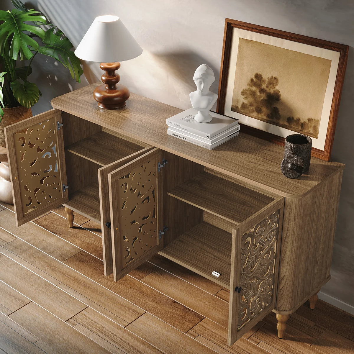HLR 48" Accent Cabinet with 4 Doors, Vintage Hollow Carving Storage Credenza - Product image 106