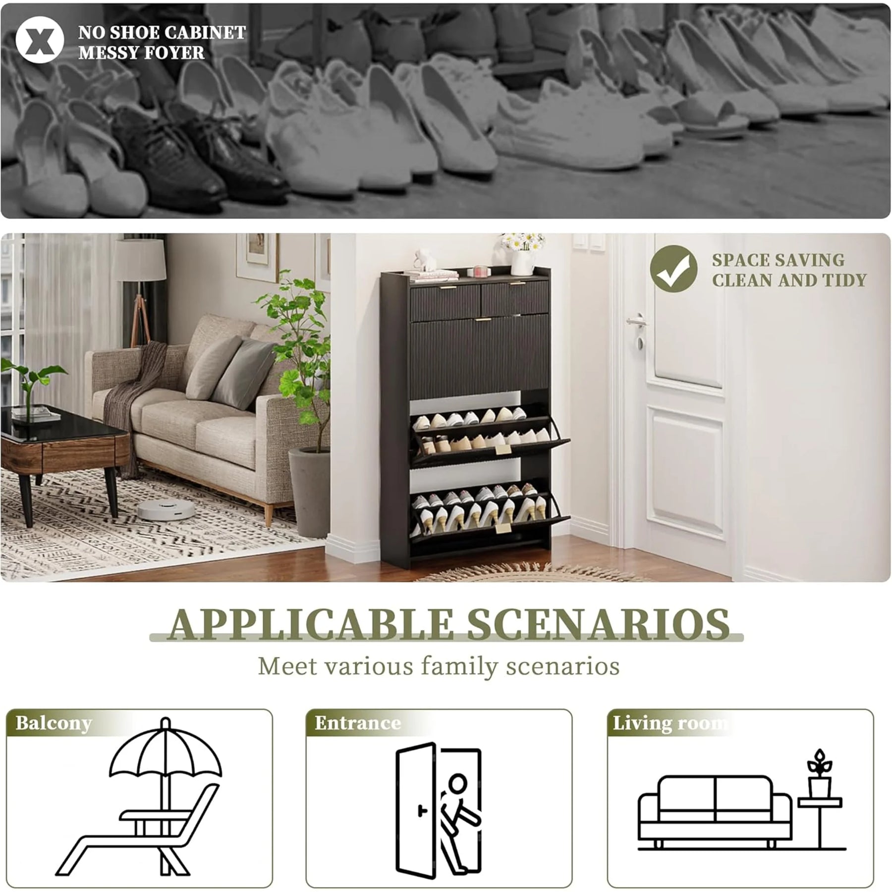 Shoe Cabinet, Free Standing Tipping Bucket Shoe Rack Organizer with 3 Flip Drawers - Product image 15