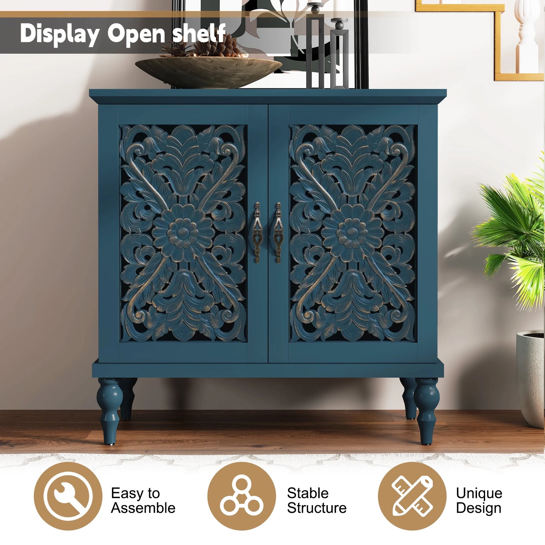 HLR 48" Accent Cabinet with 4 Doors, Vintage Hollow Carving Storage Credenza - Product image 35