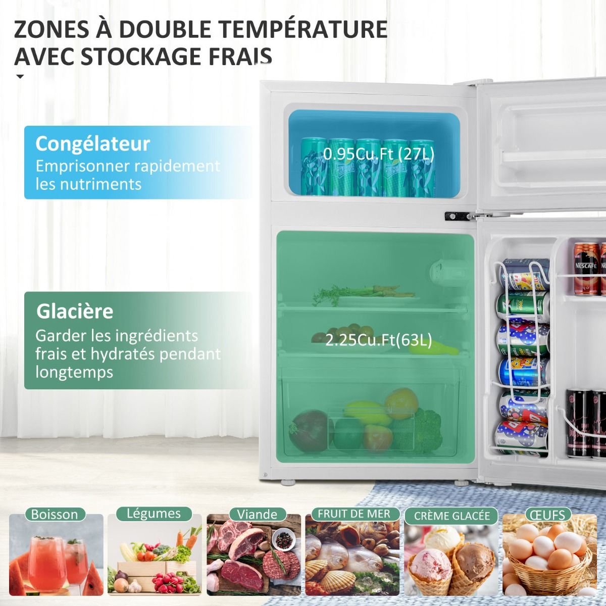 Compact Fridge Mini Fridge 90 L Separate Freezer with 2 Door Design Wide Angle LED Light White -