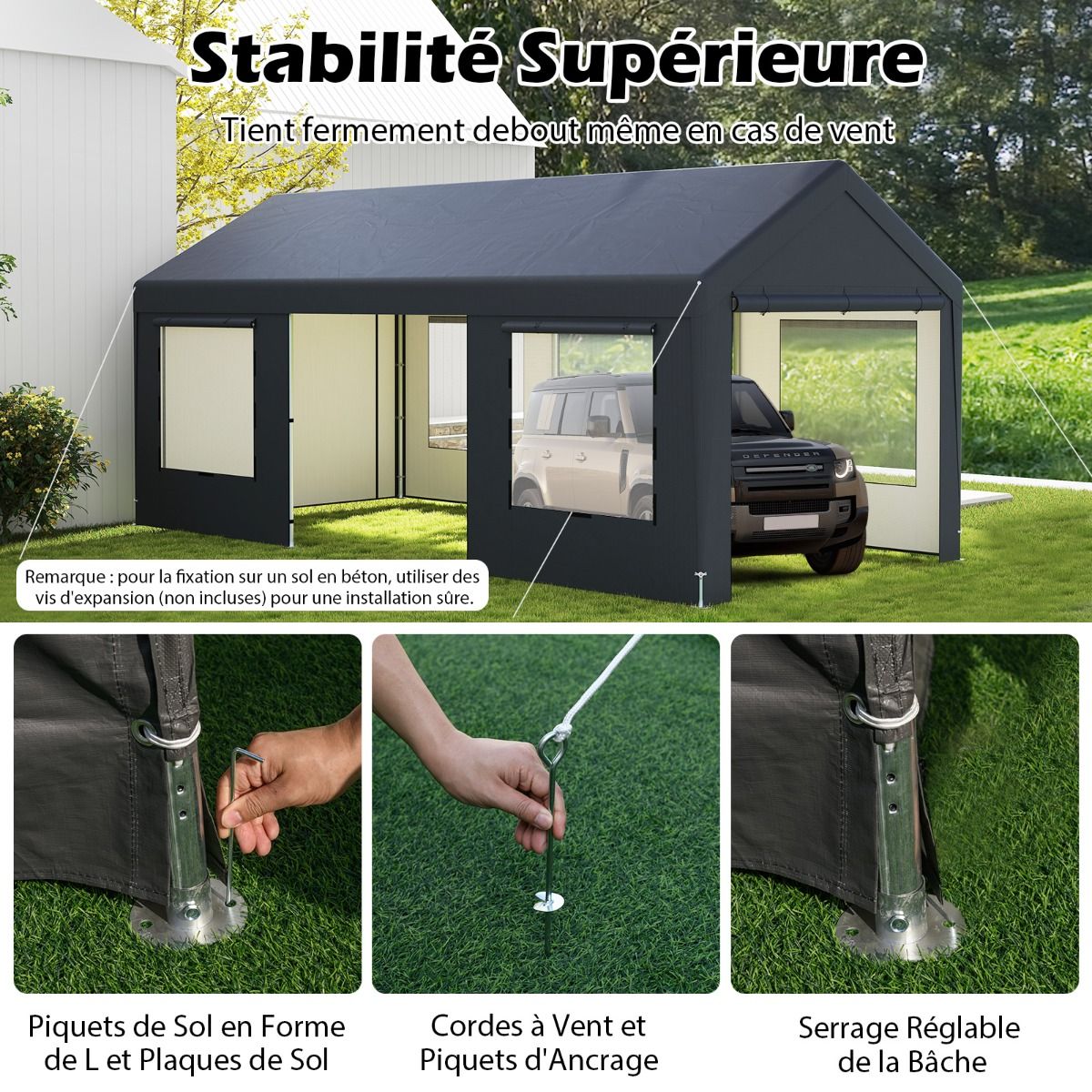 Carport 595 x 300 cm Outdoor Garage Tent with 8 Removable Side Walls Roll Up Doors Ventilated Windows Gray -