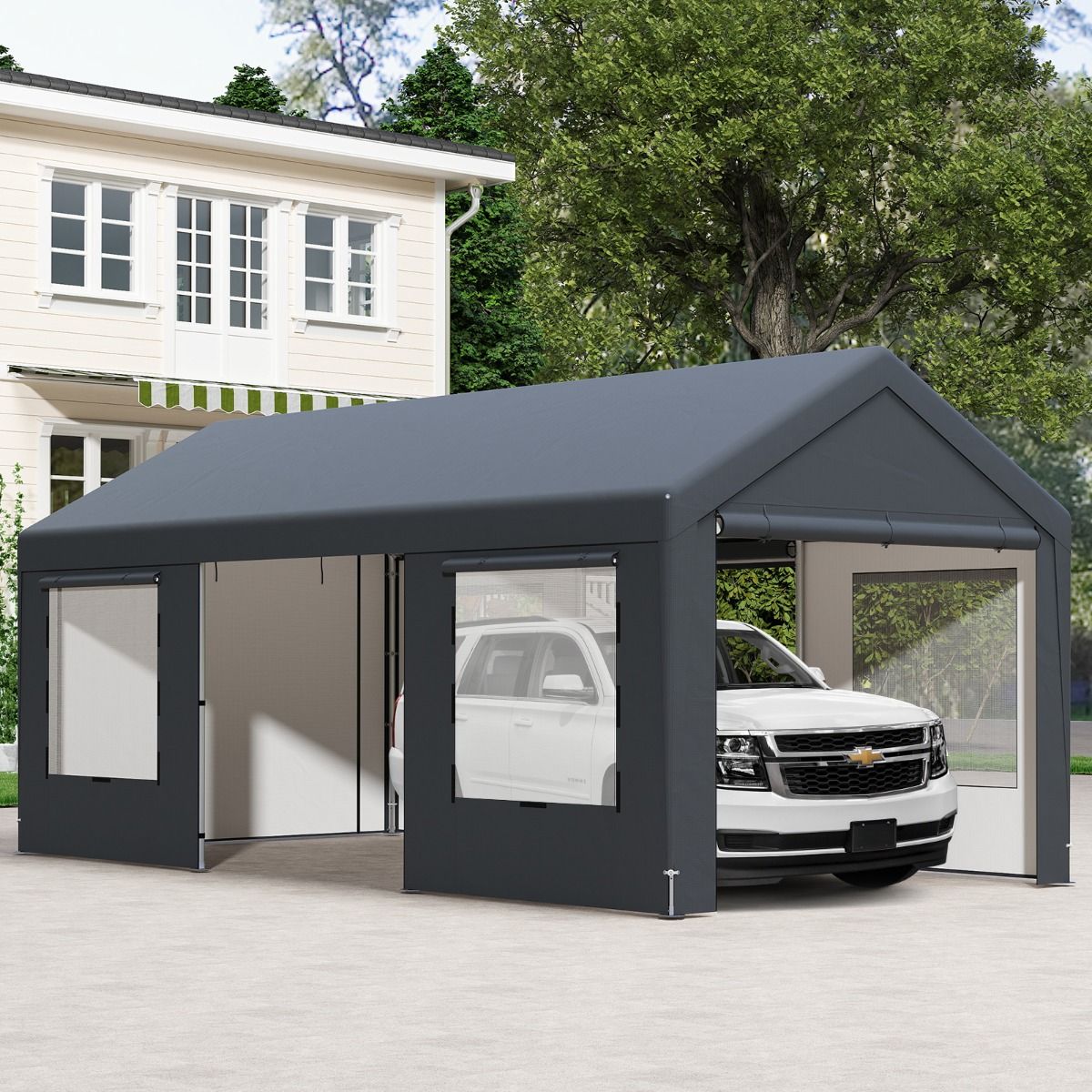 Carport 595 x 300 cm Outdoor Garage Tent with 8 Removable Side Walls Roll Up Doors Ventilated Windows Gray -