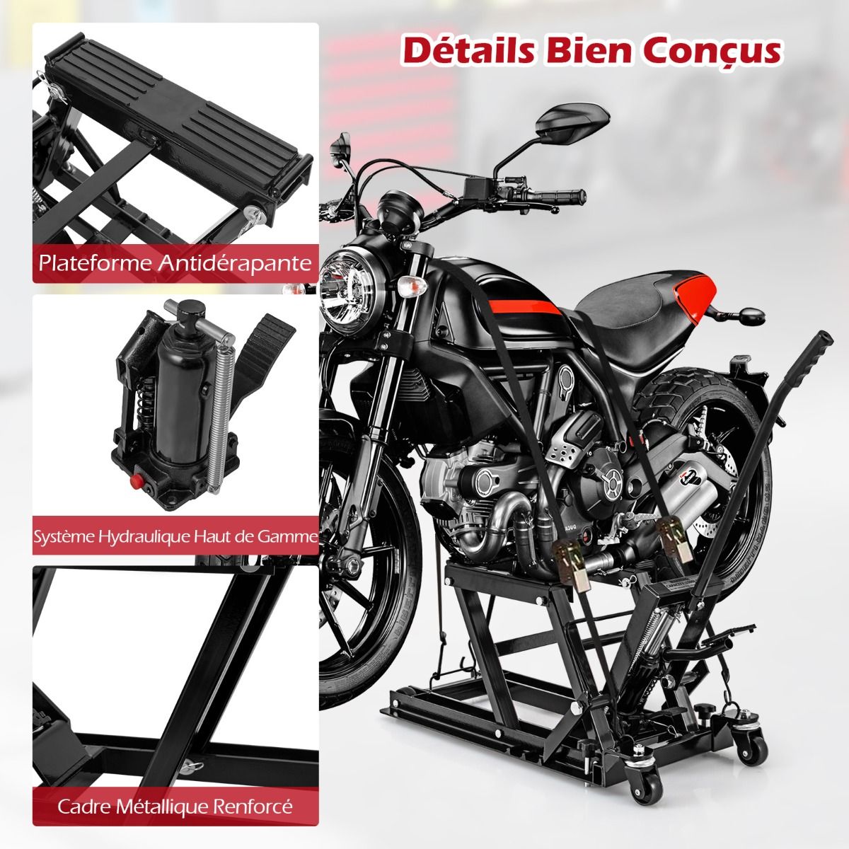 Hydraulic Jack for Motorcycle 680 kg Capacity Motorcycle Lift Table Height Adjustable Platform on 3 Levels Red/Black -