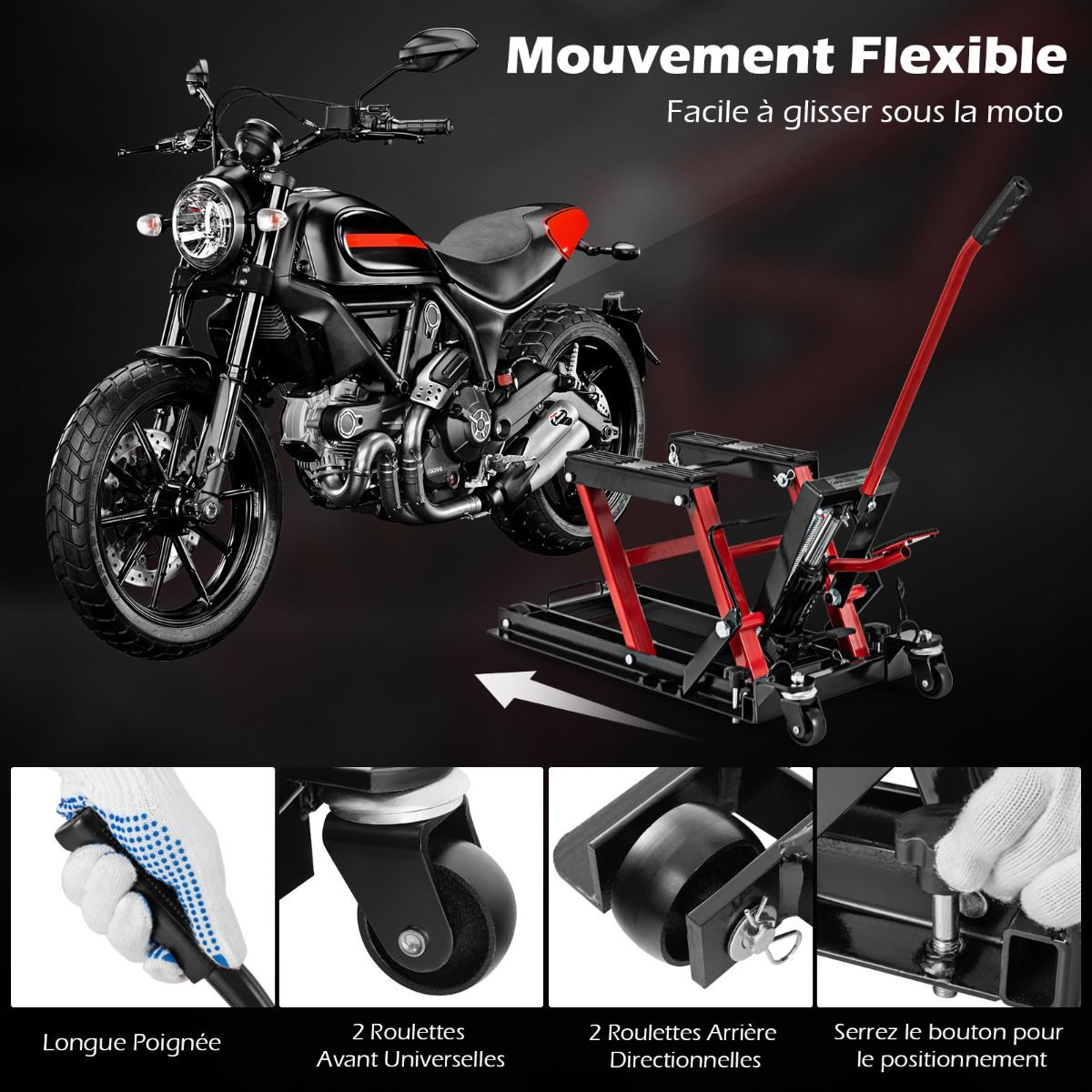 Hydraulic Jack for Motorcycle 680 kg Capacity Motorcycle Lift Table Height Adjustable Platform on 3 Levels Red/Black -