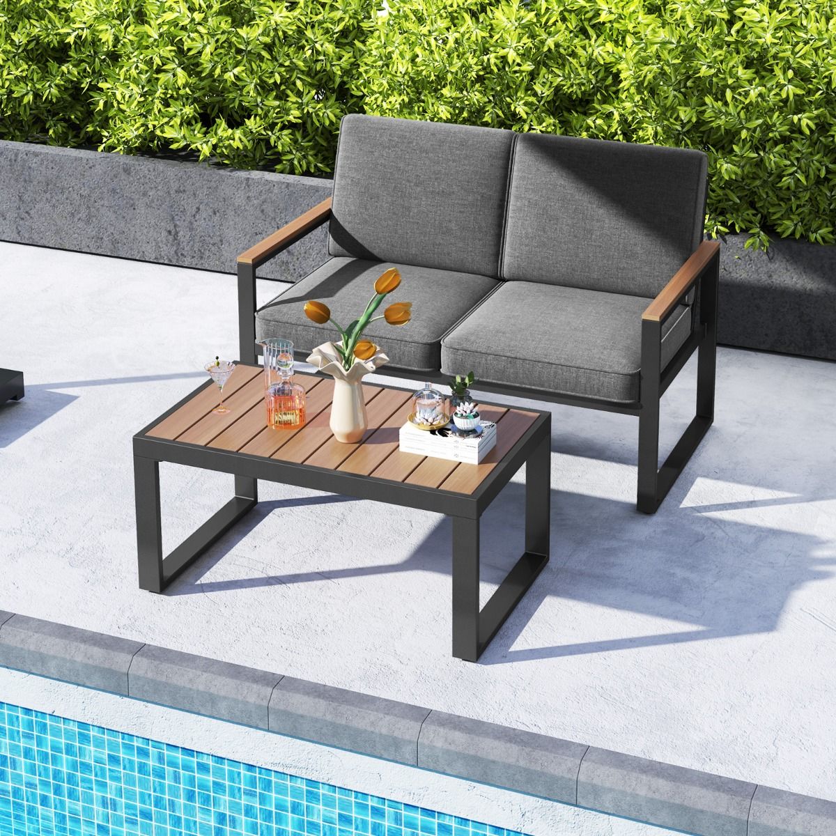 2 Piece Garden Furniture Set with Loveseat Coffee Table Aluminum Outdoor Furniture Set with Gray Armrests -